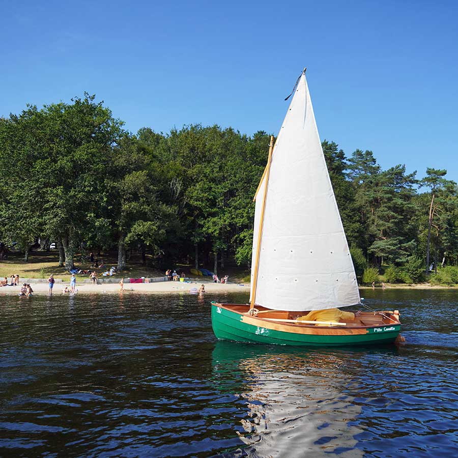 Voilier en bois vert P’tite Canaille naviguant près d’une plage bordée d’arbres
