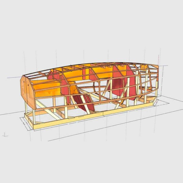 Structure en construction d’un bateau en kit avec son gabarit d’assemblage.