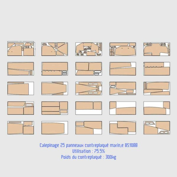 Plan d’optimisation des découpes de panneaux de contreplaqué pour un bateau en kit.