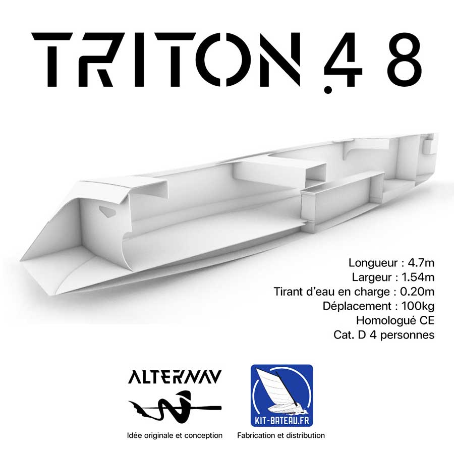 Vue 3D du bateau en kit TRITON 4.8 conçu par Alternav et distribué par Kit-Bateau.fr.